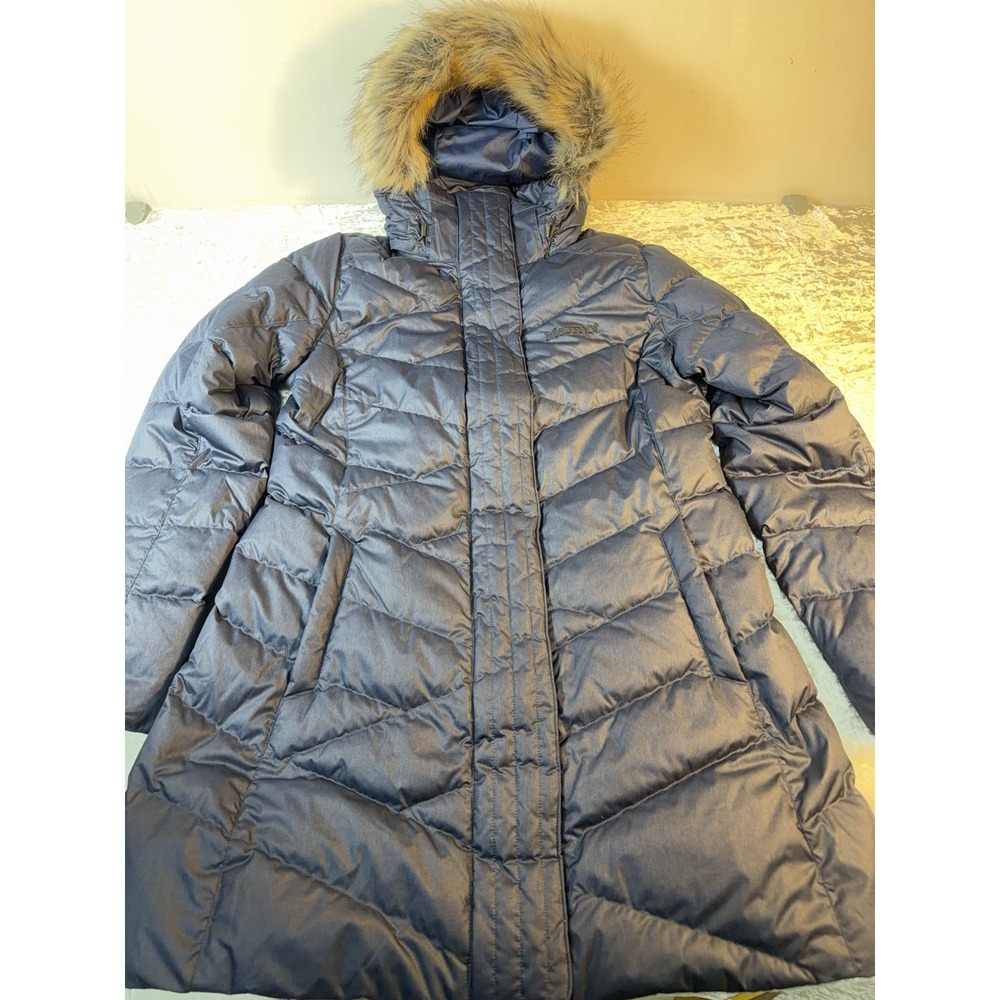 Marmot Strollbridge Women L Down Puffer Coat 700 Fill Fur Hood Arctic Navy NWT